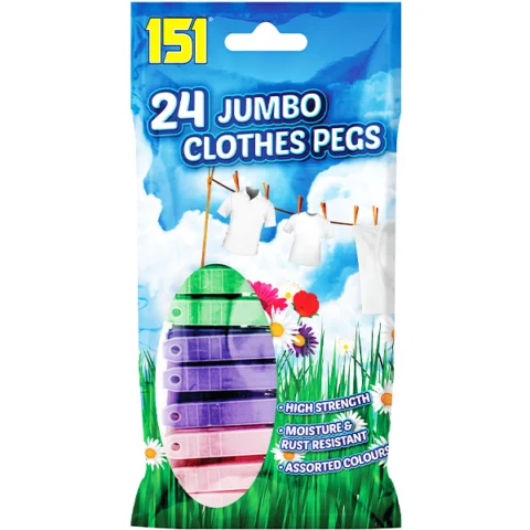 151 Assorted Colour Jumbo Plastic Clothes Pegs 24 Pack