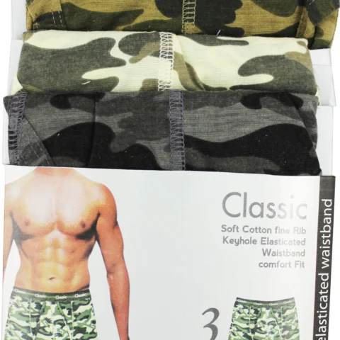 3pk Classic Boxer Shorts Camo (Soft Cotton Fine Rib) Size Medium- Ass/Cols