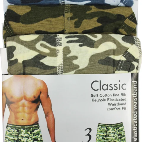 3pk Classic Boxer Shorts Camo (Soft Cotton Fine Rib) Size Small- Ass/Cols