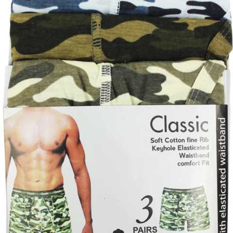 3pk Classic Boxer Shorts Camo (Soft Cotton Fine Rib) Size Xlarge- Ass/Cols