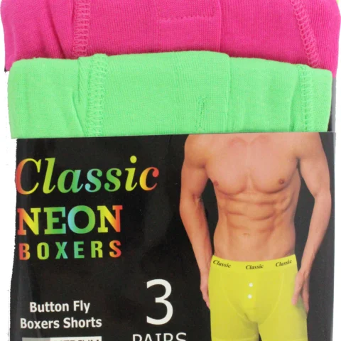 3pk Classic Full Neon Button Fly Boxers Neon Strap 3 Colours - Medium