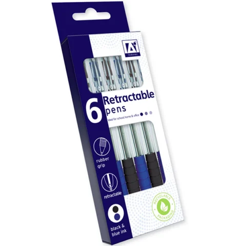 6 Black & Blue Retractable Pens Set