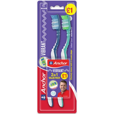 Anchor Vibrant Medium Toothbrush 2 Pack