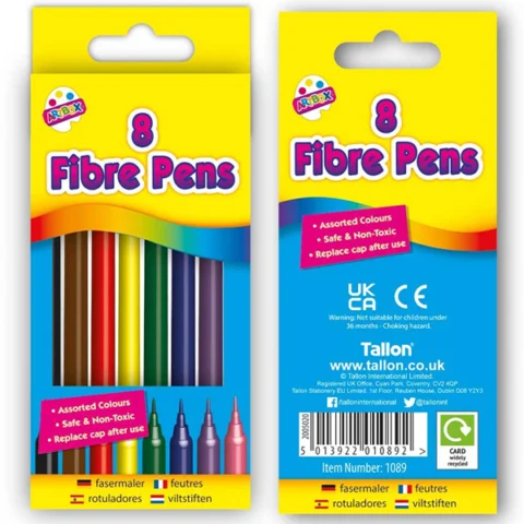 Artbox Assorted Colour Fine Tip Fibre Colouring Pens 8 Pack