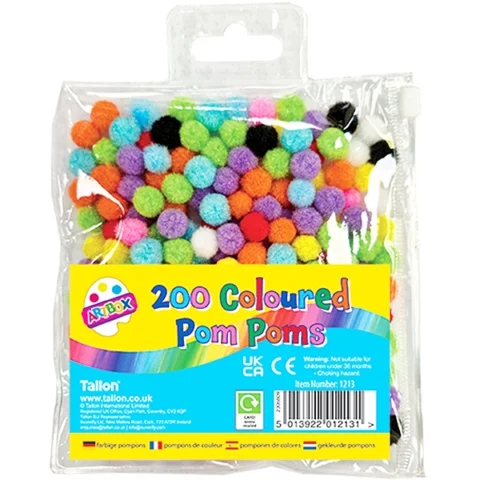 Artbox Mixed Fluffy Pom Poms 200 Pack Assorted Colours