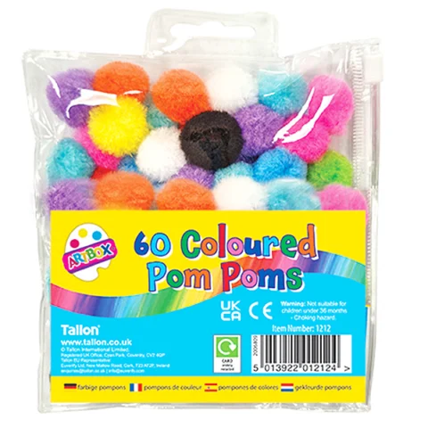 Artbox Mixed Fluffy Pom Poms 60 Pack Assorted Colours
