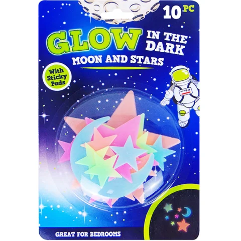 Assorted Colour Glow In The Dark Moon & Stars 10pc