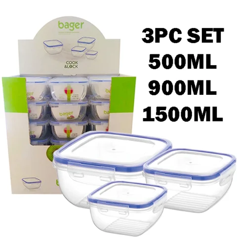 Bager Click & Lock Square Food Storage Container 3pc