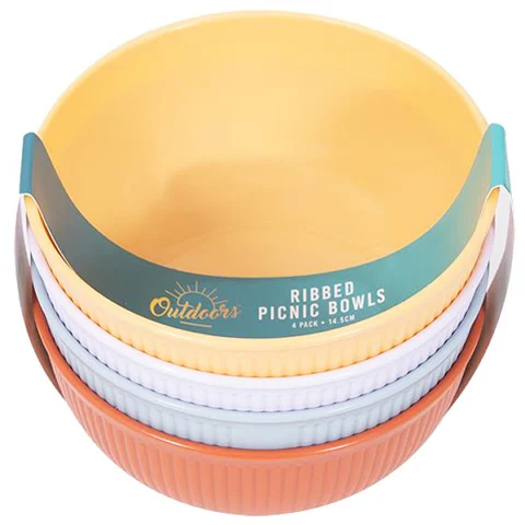 Bello Assorted Colour Plastic Ribbed Picnic Bowls 15cm 4 Pack