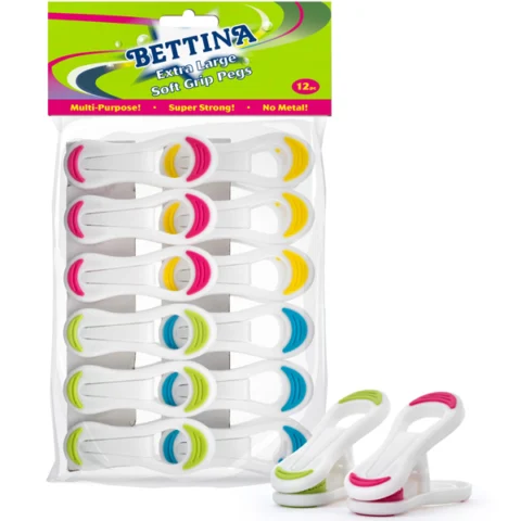 Bettina Assorted Colour Extra Large Soft Grip Pegs 12 Pack
