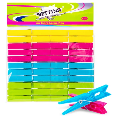 Bettina Assorted Colours Jumbo Plastic Extra Large Clothes Pegs 24 Pack