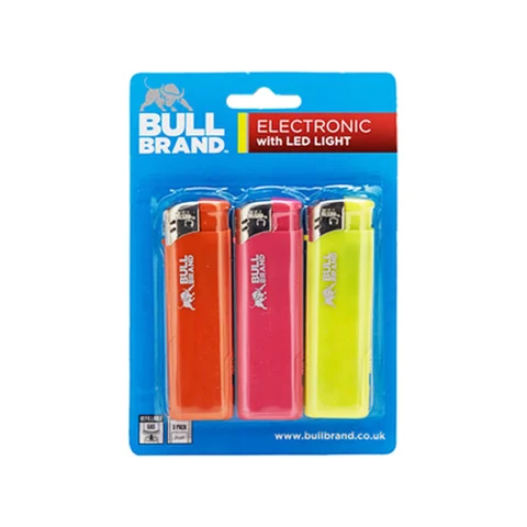Bull Brand Assorted Colour LED Light Electronic Lighter 3 Pack