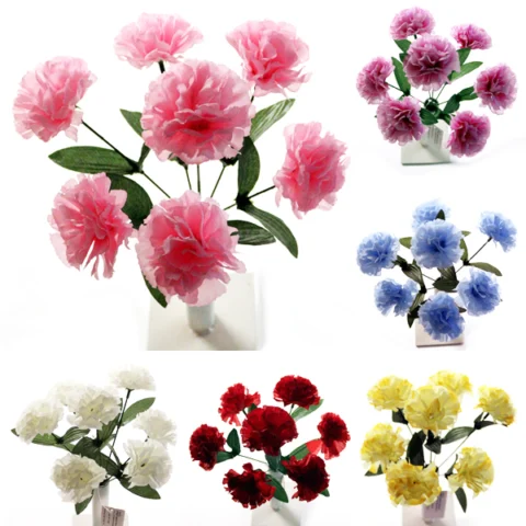 Carnation Bush Artificial Flower Stems 7pc Assorted Colours