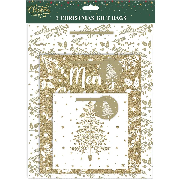 Christmas Assorted Gold Glitter Gift Bags 3 Pack