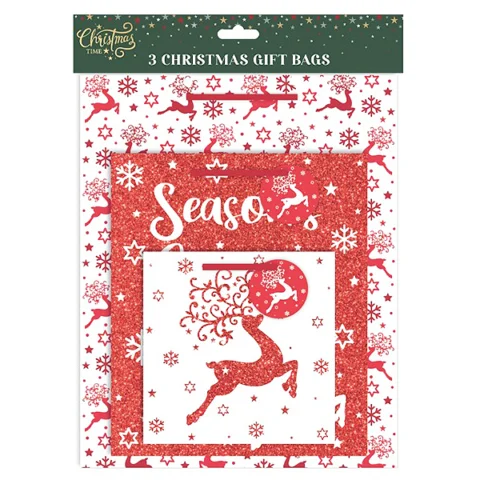 Christmas Assorted Red Glitter Gift Bags 3 Pack