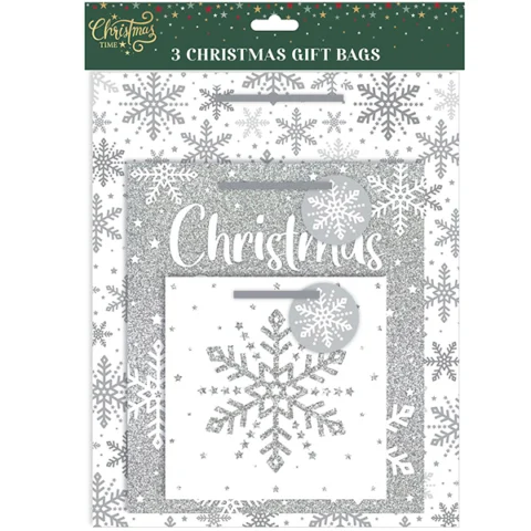 Christmas Assorted Silver Glitter Gift Bags 3 Pack
