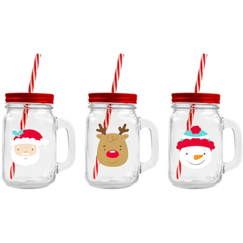 Christmas Glass Mason Jar & Straw Assorted