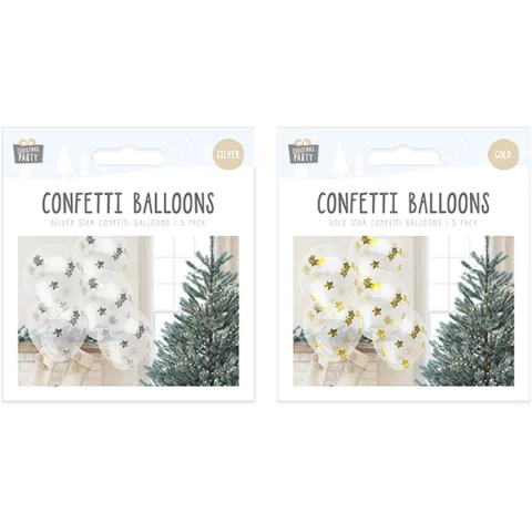 Christmas Gold & Silver Star Confetti Balloons 5 Pack Assorted