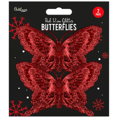 Christmas Red Glitter Butterfly Decorations 2 Pack