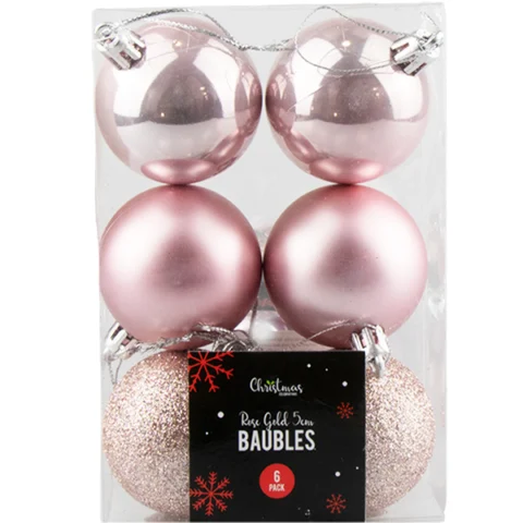 Christmas Rose Gold Assorted Baubles Set 5cm 6 Pack