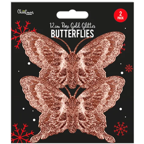 Christmas Rose Gold Glitter Butterfly Decoration 2 Pack