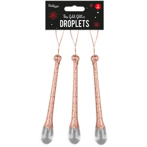 Christmas Rose Gold Glitter Droplet Decorations 3 Pack