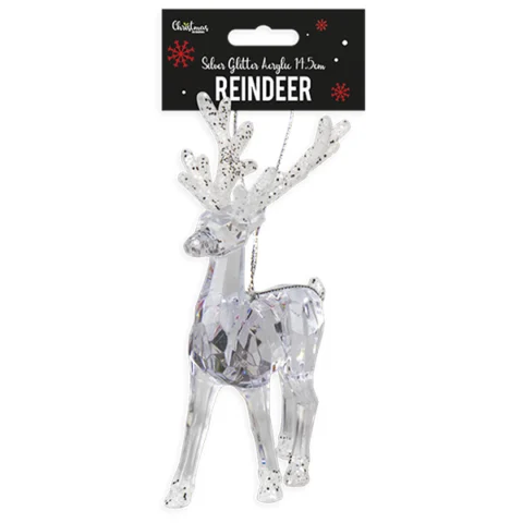 Christmas Silver Glitter Acrylic Reindeer Decoration 14.5cm