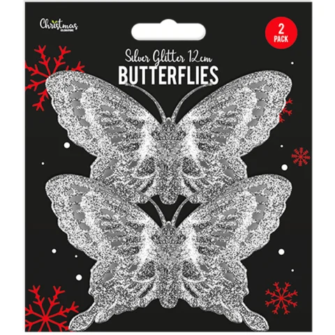 Christmas Silver Glitter Butterfly Decorations 2 Pack