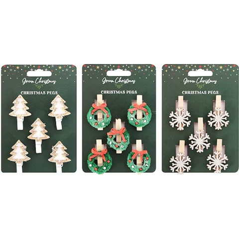 Christmas Wood Present Topper Pegs 5 Pack Assorted