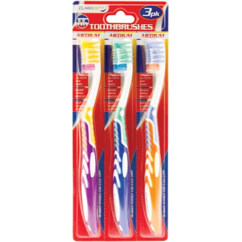 Claradent Assorted Colour Medium Toothbrushes 3 Pack