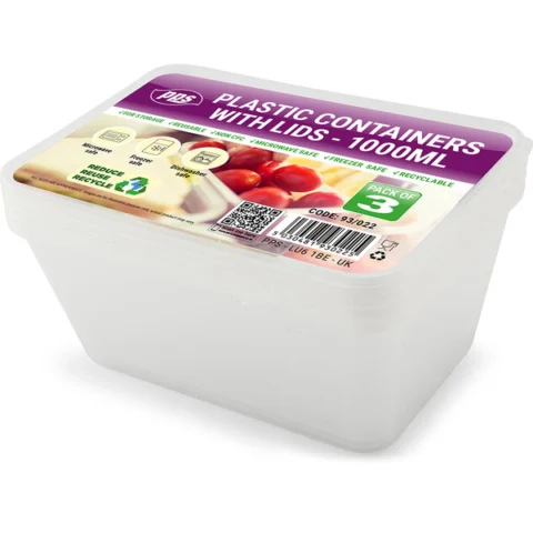 Clear Plastic Rectangular Food Container With Lid 1000ml 3 Pack