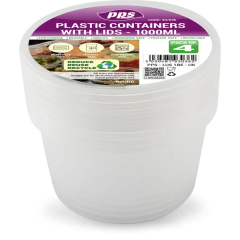 Clear Plastic Round Food Containers With Lid 1000ml 4 Pack