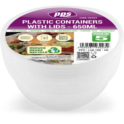 Clear Plastic Round Food Containers With Lid 650ml 5 Pack