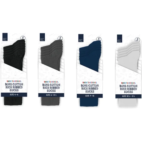 Creative Little Thinkers Boys Cotton Rich Ribbed Socks 5 Pack Assorted