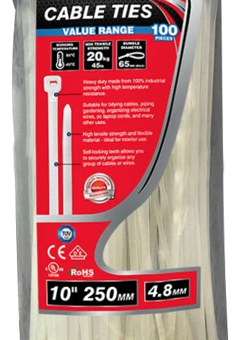 Dekton 100 Piece 4.8mm X 250mm White Cable Ties