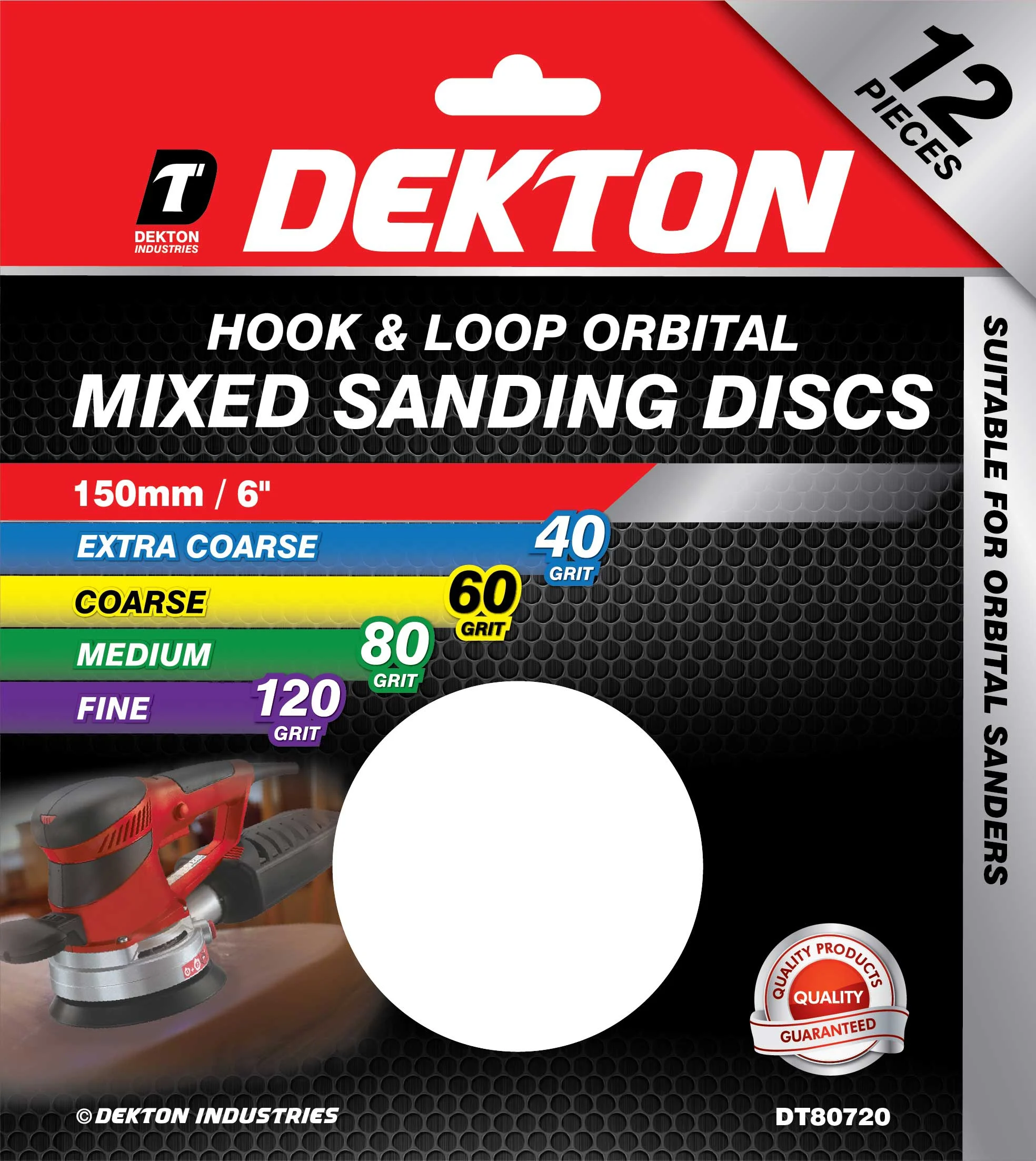 Dekton 150mm Hook & Loop Orbital 40/60/80/120 Grit Mixed Sanding Discs 12 Pack