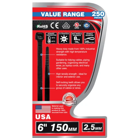 Dekton 250 Piece 2.5mm X 150mm Black Cable Ties