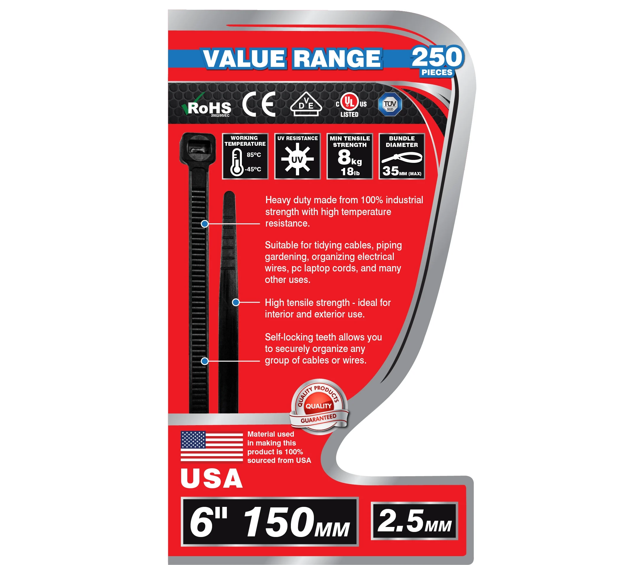 Dekton 250 Piece 2.5mm X 150mm Black Cable Ties