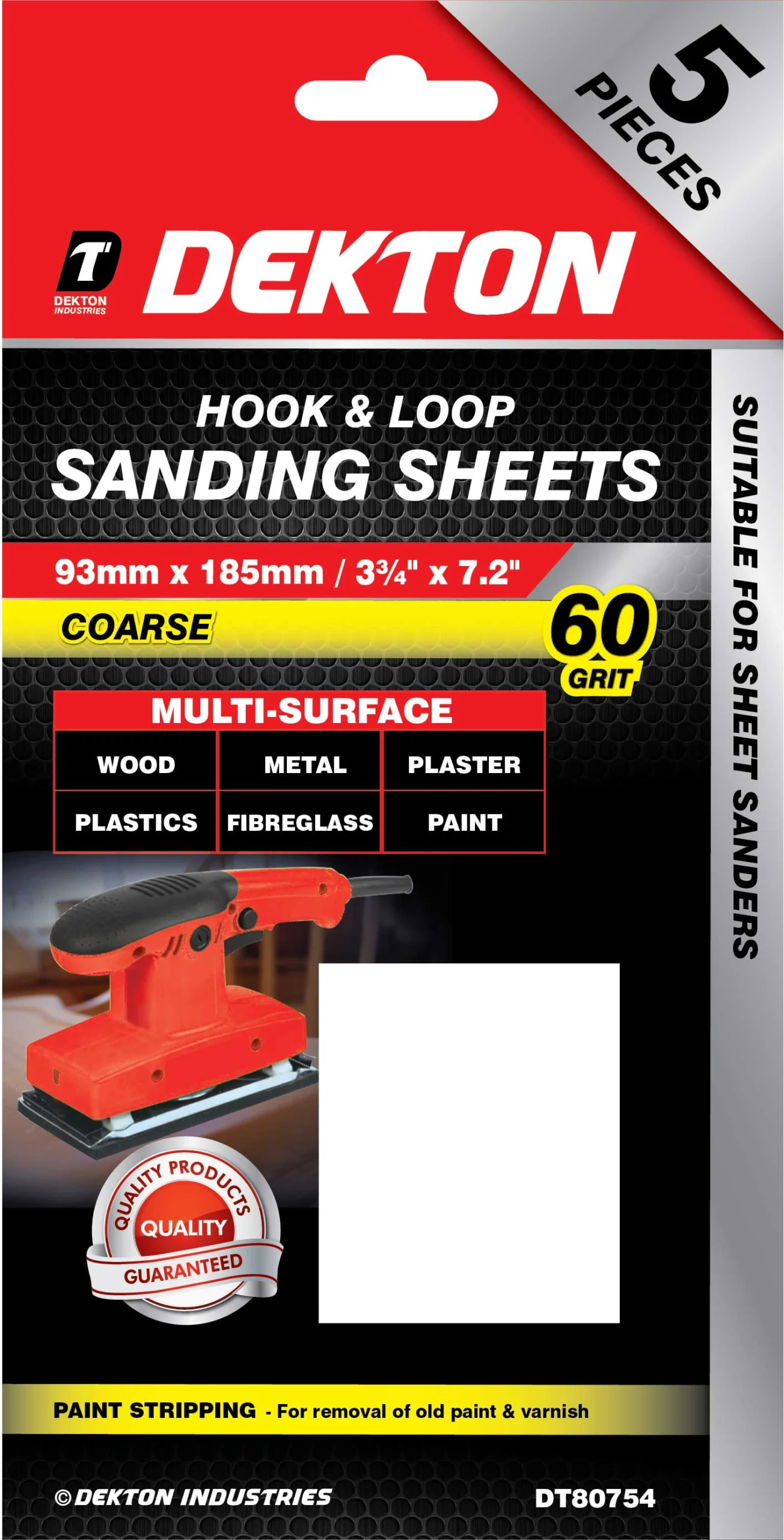 Dekton 93mm X 185mm Hook & Loop 60 Grit Sanding Sheets 5 Pack