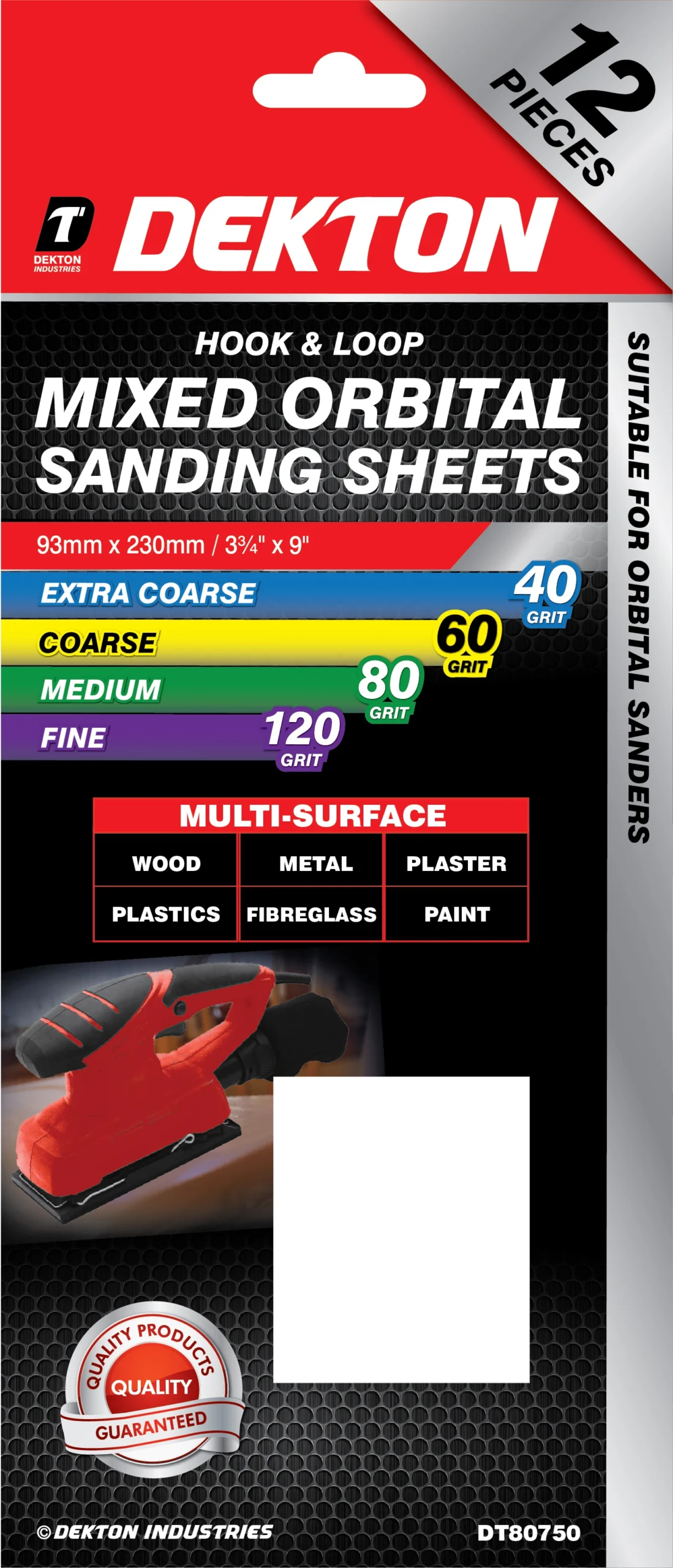Dekton 93mm X 230mm Hook & Loop Mixed Orbital Sanding Sheets 40/60/80/120 Grit