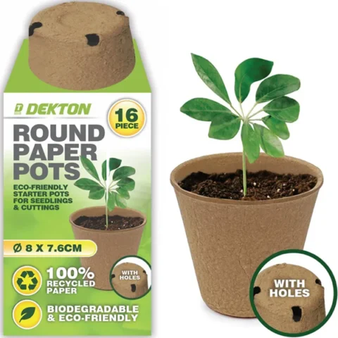 Dekton Biodegradable Round Paper Plant Pots 8cm X 7.6cm 16 Pack