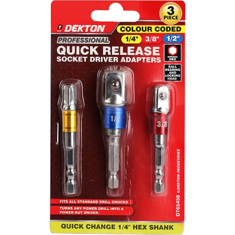Dekton Colour-Coded 1/4" Hex Shank Quick Release Socket Driver Adapters 3 Pack