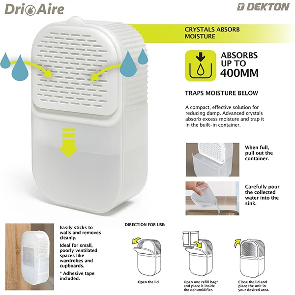 Dekton Dri Aire Refillable Premium Moisture Absorber Dehumidifier 2 X 180g