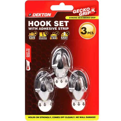 Dekton Gecko Grip Chrome Adhesive Hook Set 3pc