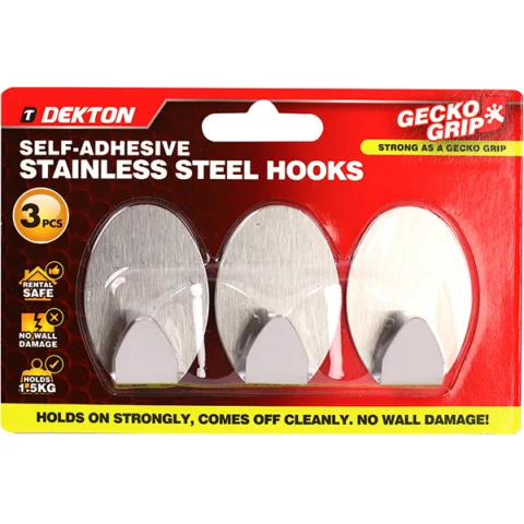 Dekton Gecko Grip Self-Adhesive Stainless Steel Hook Set 3pc
