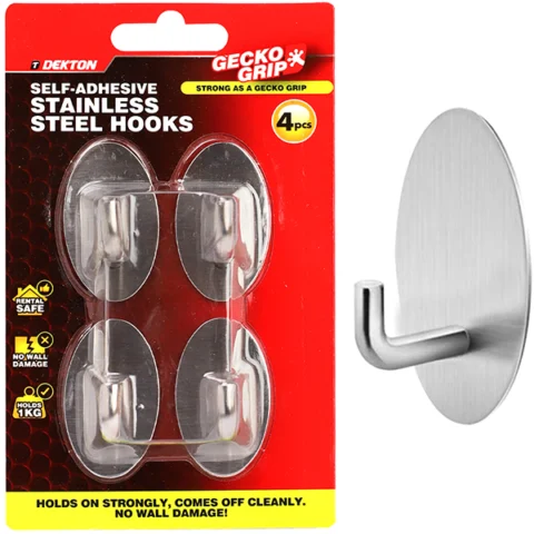 Dekton Gecko Grip Self-Adhesive Stainless Steel Hook Set 4pc