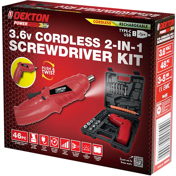 Dekton Power 3.6V Cordless 2-in-1 Screwdriver Kit 46pc