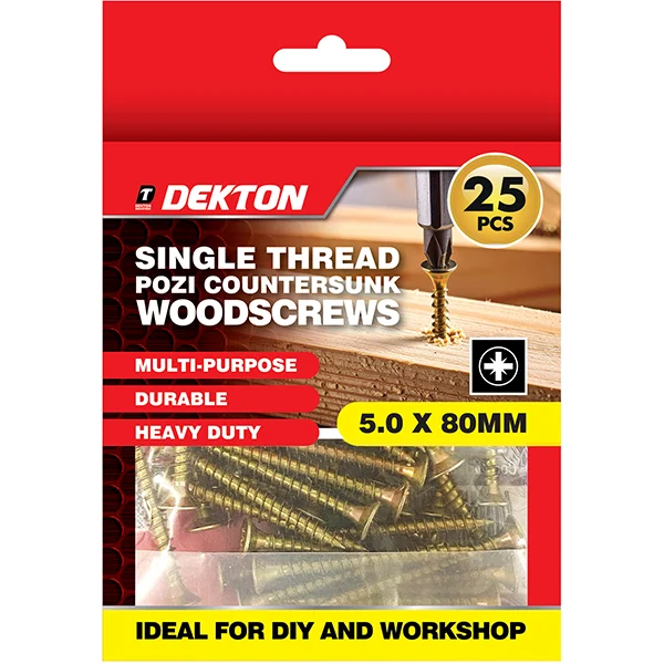 Dekton Single Thread Pozi Countersunk Wood Screws 5.0 X 80mm 25 Pack