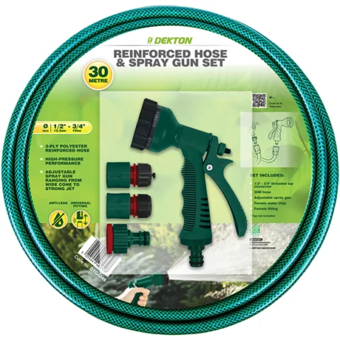 Dekton Universal Reinforced Garden Hose & Spray Gun Set 30m