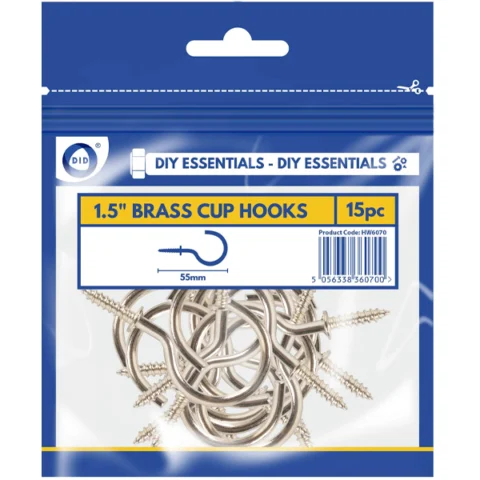 DID 1.5" Brass Cup Hooks 15 Pack